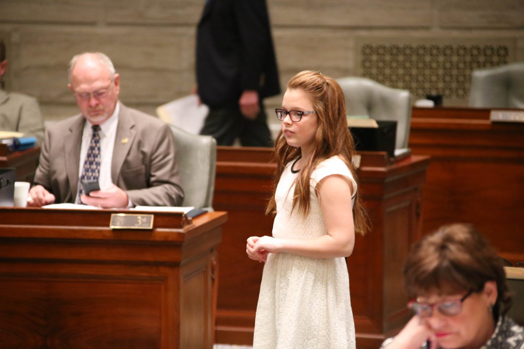 Avery Olson, a 6th grade student at Zion Lutheran School in Harvester. She served as a Page for the Day in the Senate.