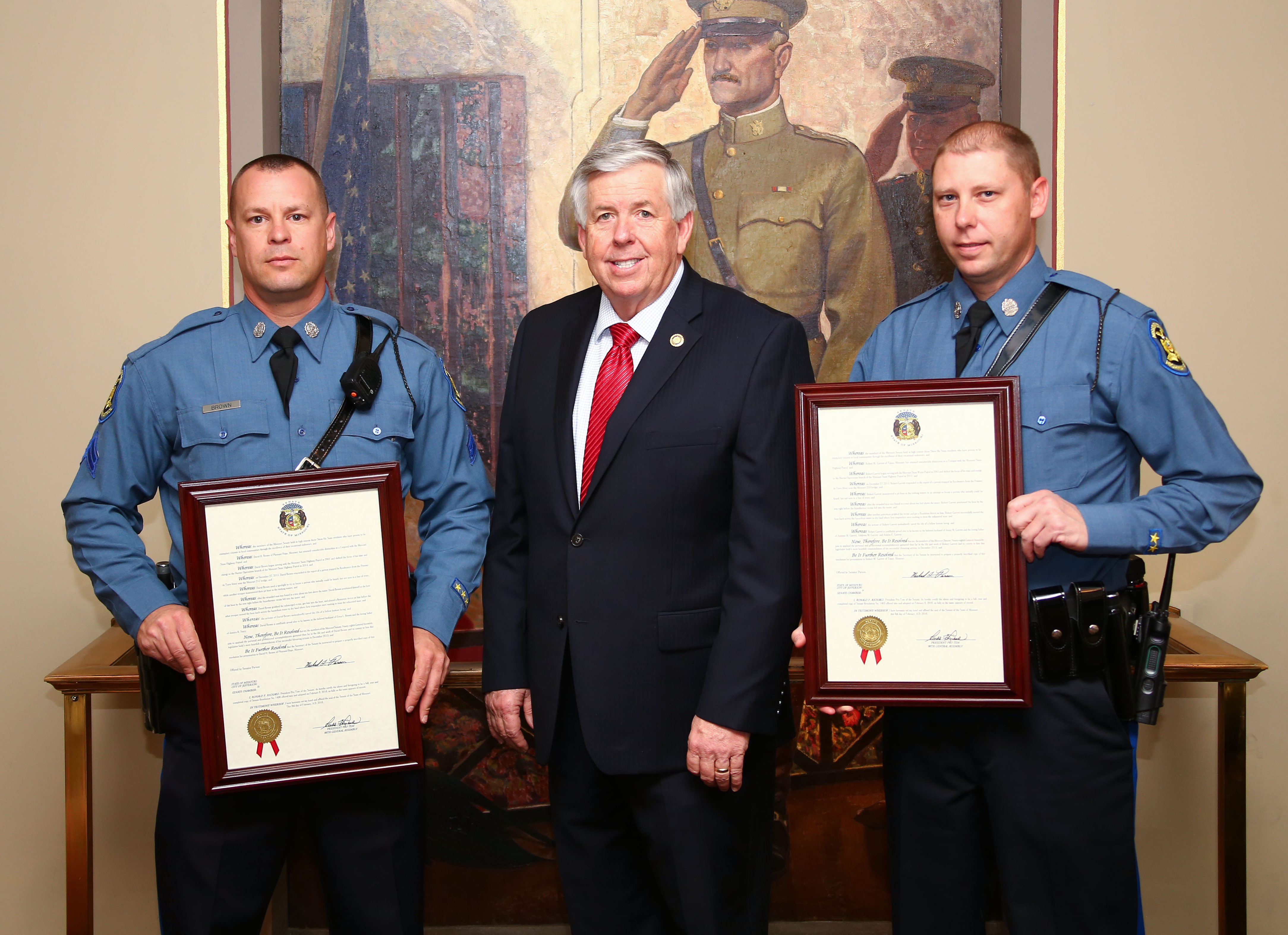 Cpl. David Brown, Senator Parson, and Trooper Robert Garrett honored by the Missouri Senate today for their act of heroism.