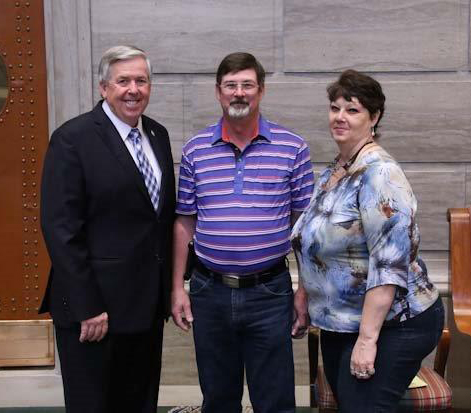 Sen. Parson with City Supt. John Hopkins and wife Carma. City of Humansville from Polk Co. won the MO Rural Water Assn award for 2016 Best Tasting Water.