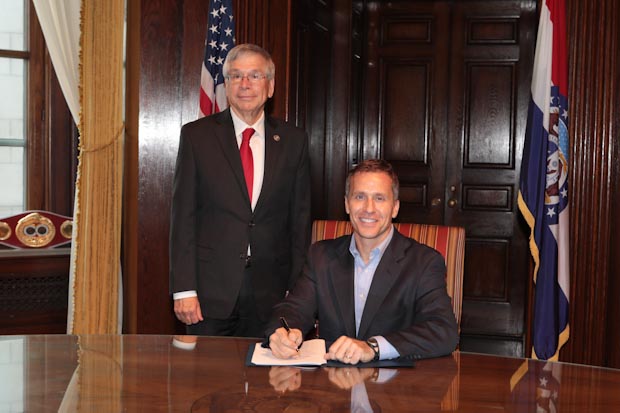 Senator Wallingford with Gov. Eric Greitens during the bill signing for Senate Bill 5.