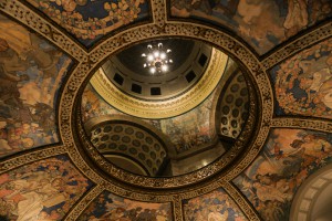 The older lighting in chandelier in the Capitol Rotunda was replaced with new Induction lamps and LED bulbs.
