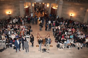 Hundreds of people gathered in the Capitol Rotunda to listen to speakers address the issue of sex trafficking in Missouri.    