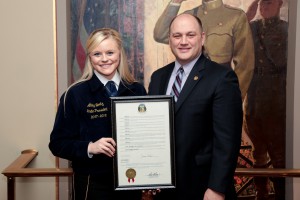 Sen. Denny Hoskins, R-Warrensburg, meets with Future Farmer’s of America student President Abby Bertz.