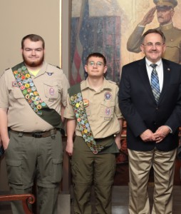 Senator Doug Libla R-Poplar Bluff, poses with Johnathan Wayne and Christian McDaniel, both Eagle Scouts, in the Senate gallery. 