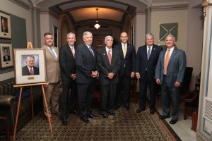 Former presidents pro tem and the governor join Sen. Richard at the unveiling of his portrait. From Left to Right: Tom Demsey, Charlie Shields, Gov. Mike Parson, James L. Mathewson, Mike Gibbons, Sen. Ron Richard and Rob Mayer.